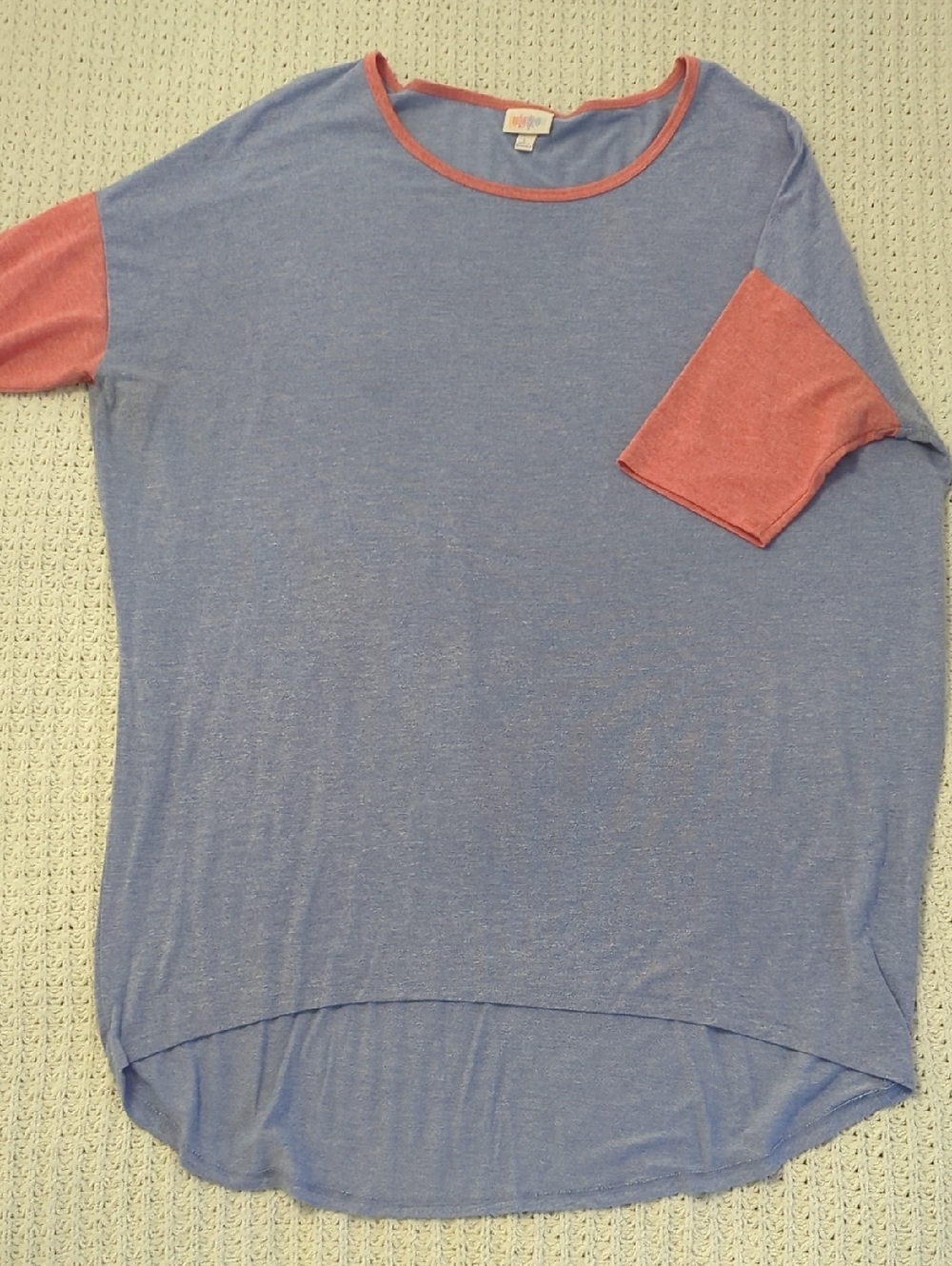 LuLaRoe Blue Irma Top with Coral Trim
